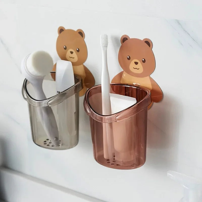 2PCS Bear Storage Cup Wall Mount Toothbrush Toothpaste Cup Holder Case Storage Cup Rack Stand Child Home Bathroom Accessories