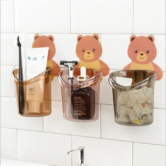 2PCS Bear Storage Cup Wall Mount Toothbrush Toothpaste Cup Holder Case Storage Cup Rack Stand Child Home Bathroom Accessories