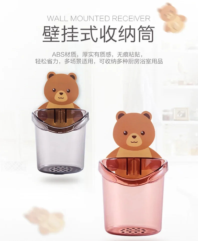 2PCS Bear Storage Cup Wall Mount Toothbrush Toothpaste Cup Holder Case Storage Cup Rack Stand Child Home Bathroom Accessories