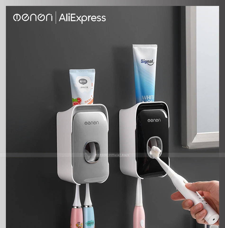 MENGNI Automatic Toothpaste Dispenser, Toothpaste Squeezer, Punch-Free, Toothbrush Holder, Rack, Bathroom Accessories